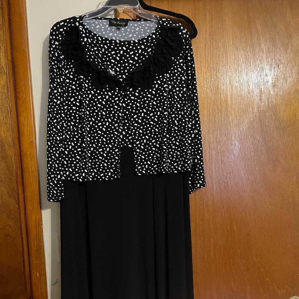 Black maxi dress with polka dot jacket